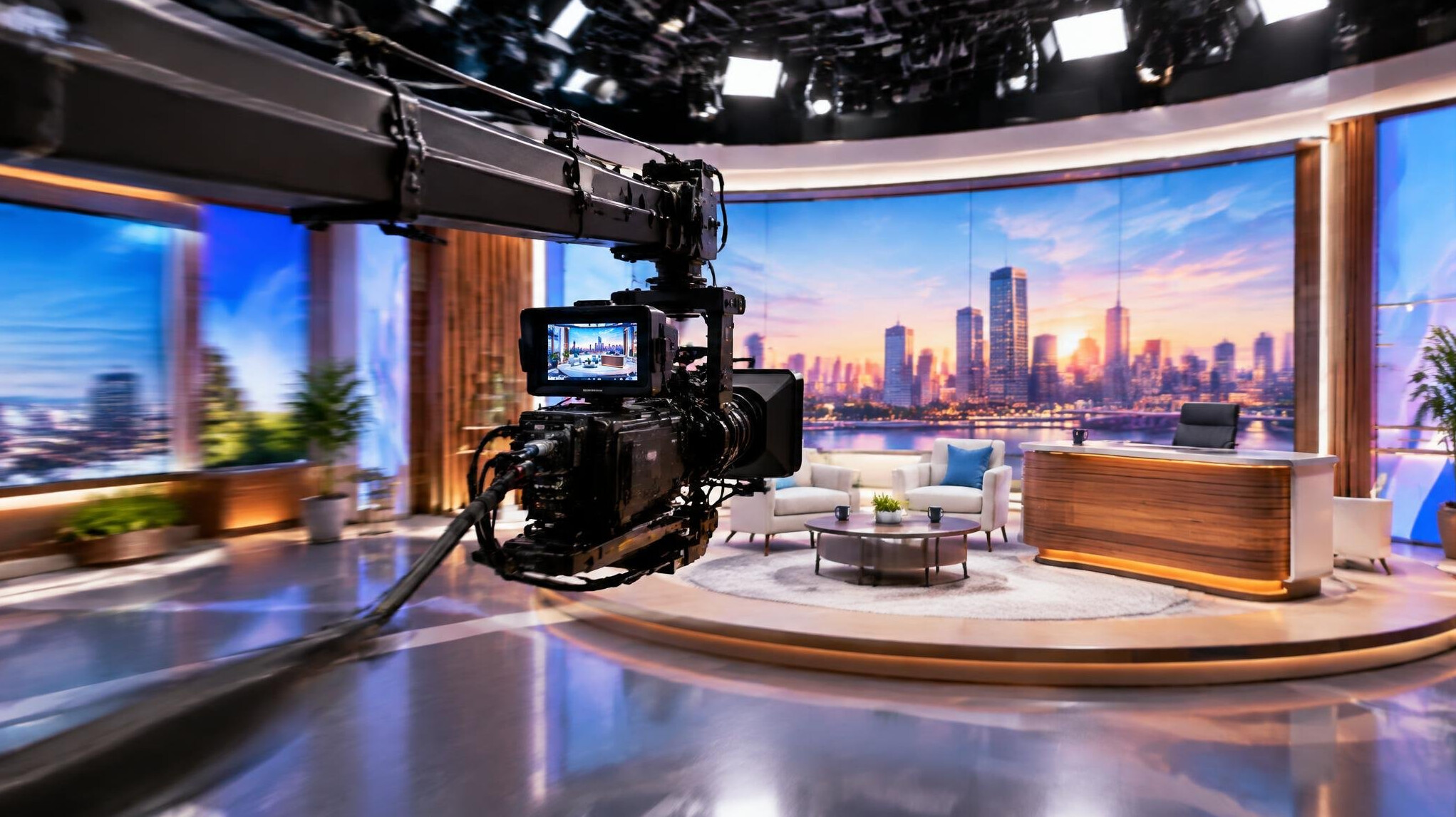 Camera on a studio jib arm moving across a television set