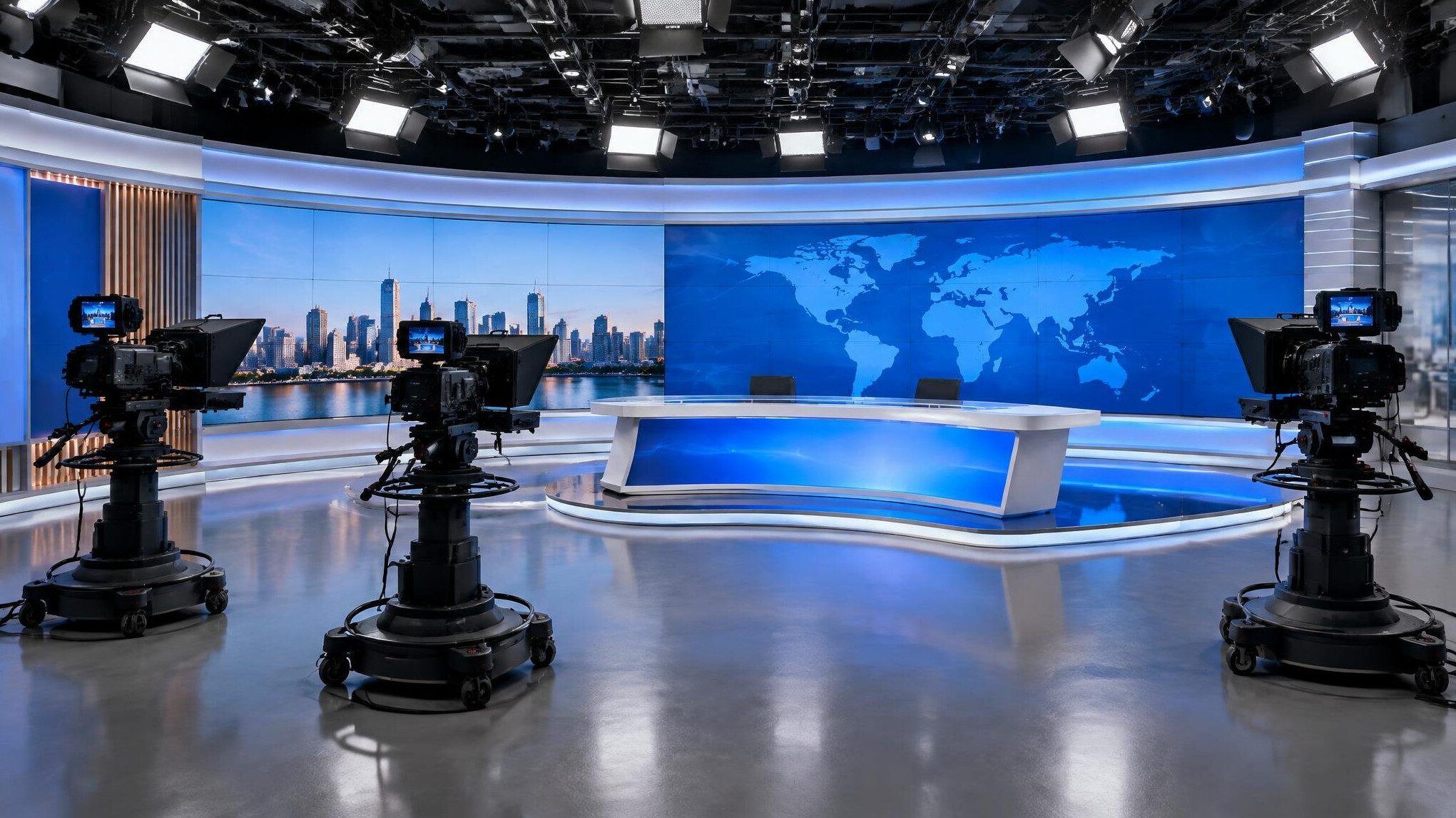 Wide view of an empty television studio floor with cameras and a news set