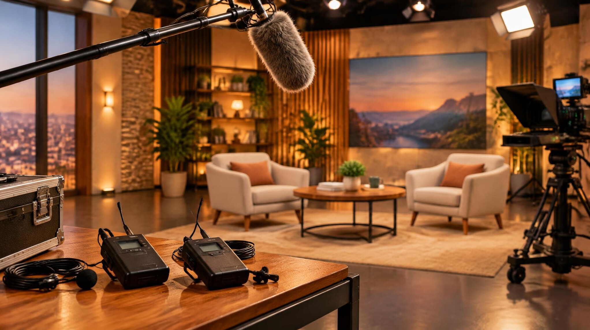 Boom microphone on a pole above a studio set with a sound desk
