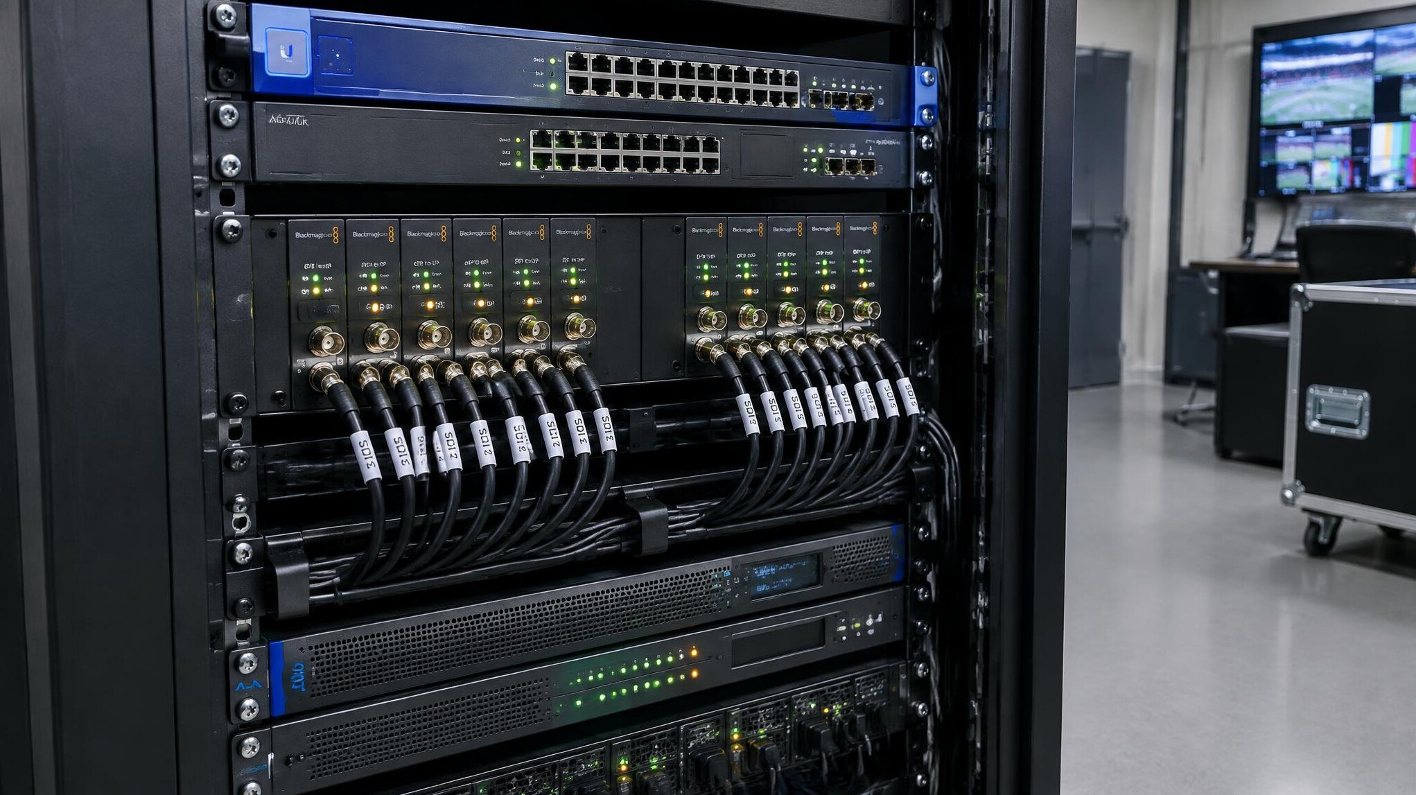 Studio equipment racks with cabling and a signal routing panel