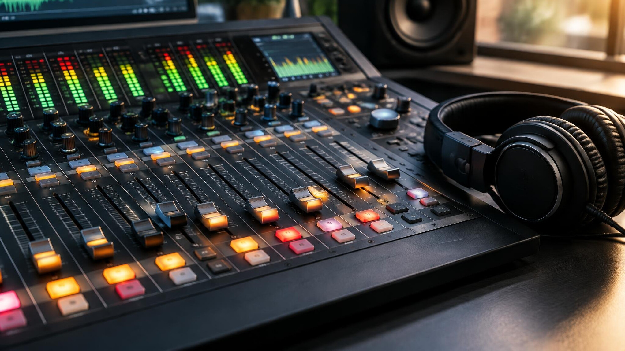 Close view of an audio mixing console with faders and meters